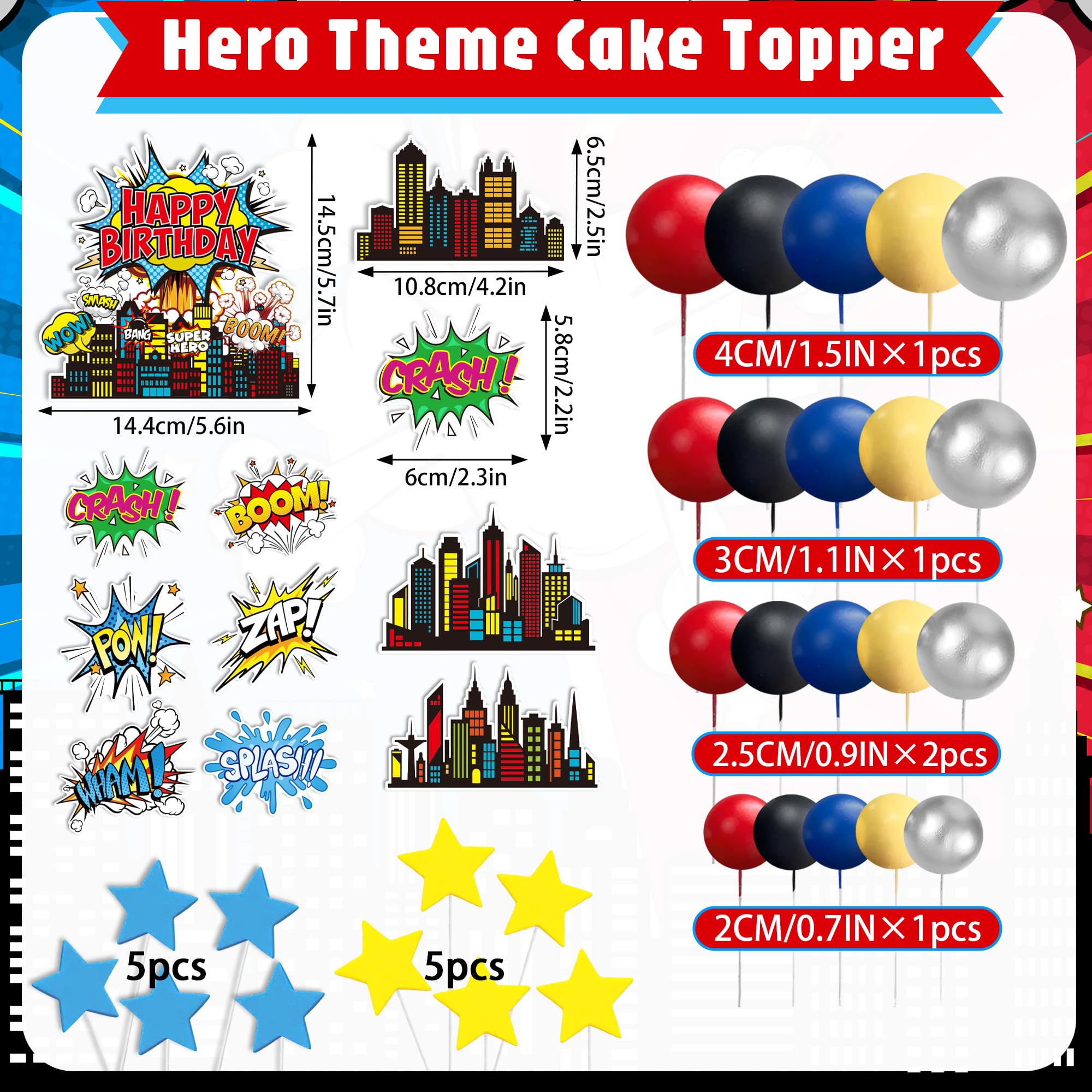 GLURUITE 40-Piece Superhero Cake Toppers - Silver Red Blue Balls for Comic Cityscape Birthday