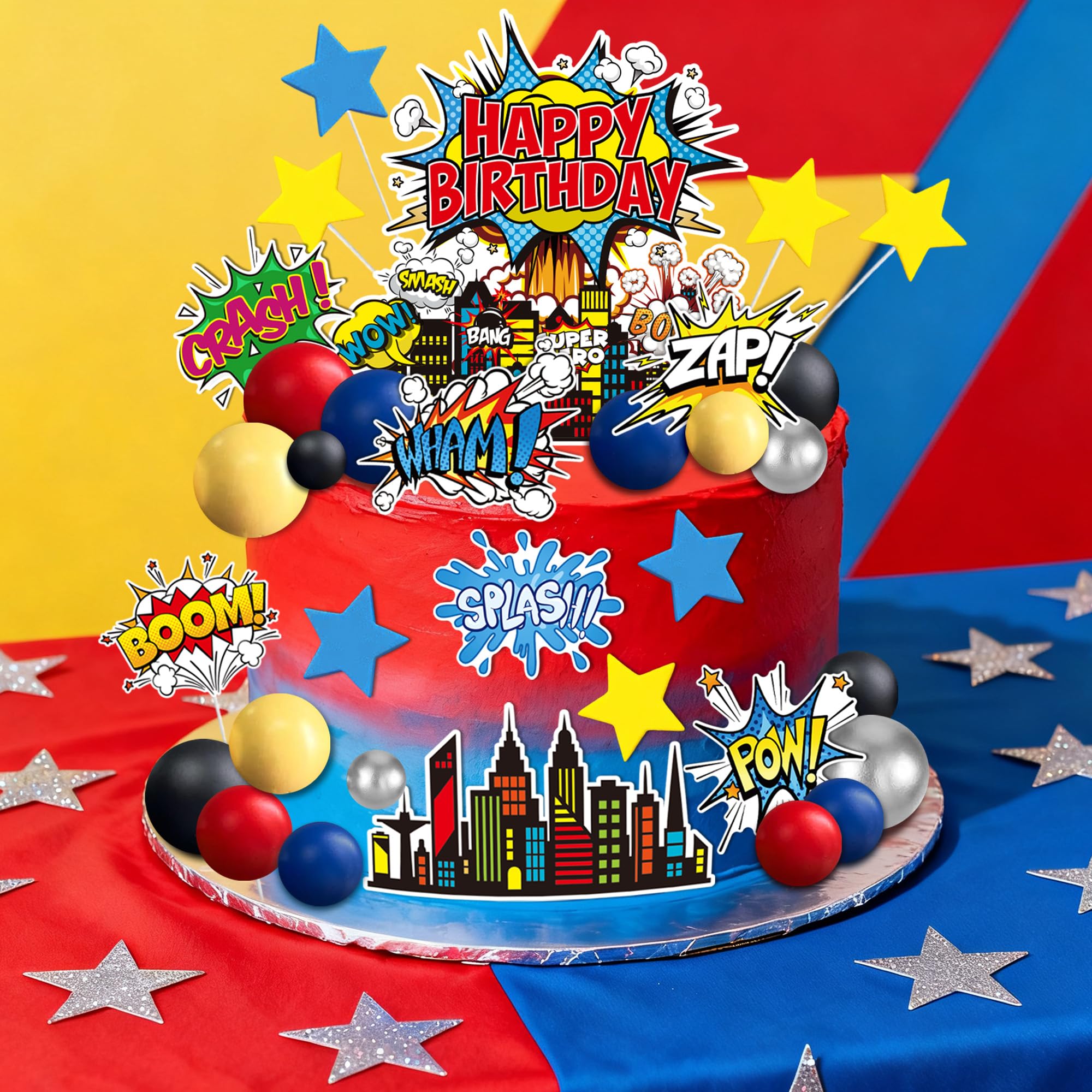GLURUITE 40-Piece Superhero Cake Toppers - Silver Red Blue Balls for Comic Cityscape Birthday