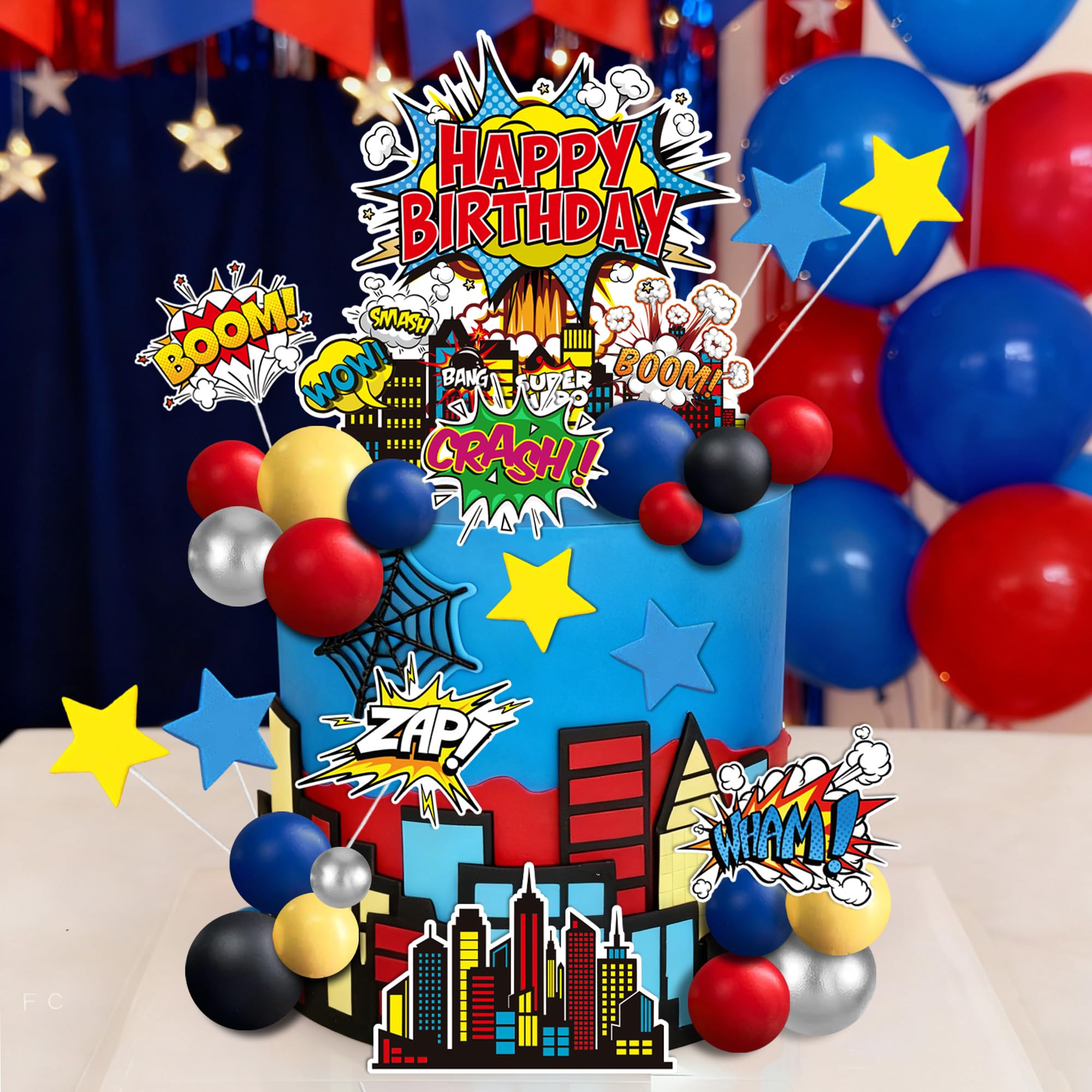 GLURUITE 40-Piece Superhero Cake Toppers - Silver Red Blue Balls for Comic Cityscape Birthday