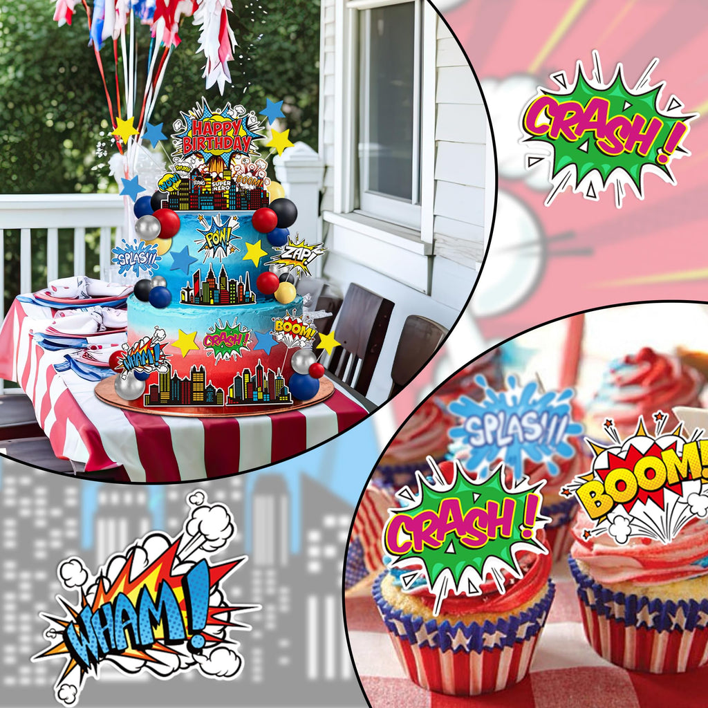 GLURUITE 40-Piece Superhero Cake Toppers - Silver Red Blue Balls for Comic Cityscape Birthday