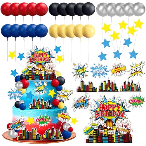 GLURUITE 40-Piece Superhero Cake Toppers - Silver Red Blue Balls for Comic Cityscape Birthday