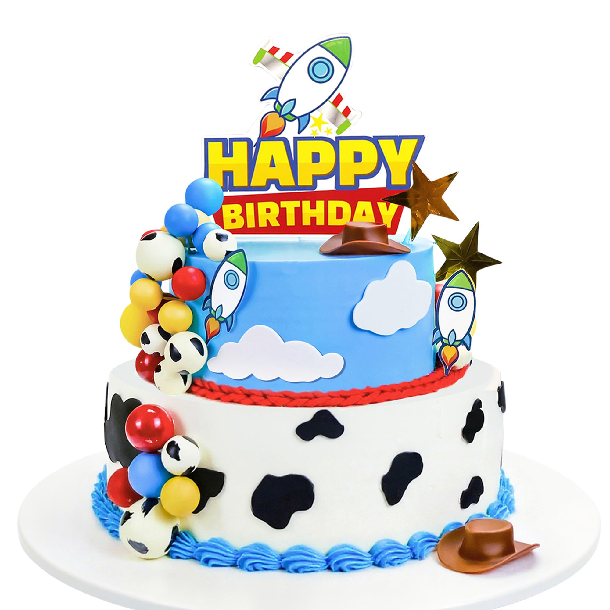 GLURUITE 57-Piece Cartoon Story Birthday Cake Toppers Set - Rocket, Cloud, Star, Cow Print Decorations