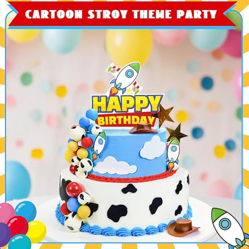 GLURUITE 57-Piece Cartoon Story Birthday Cake Toppers Set - Rocket, Cloud, Star, Cow Print Decorations