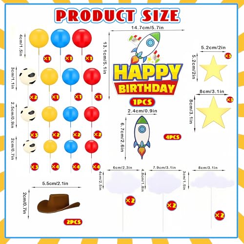 GLURUITE 57-Piece Cartoon Story Birthday Cake Toppers Set - Rocket, Cloud, Star, Cow Print Decorations