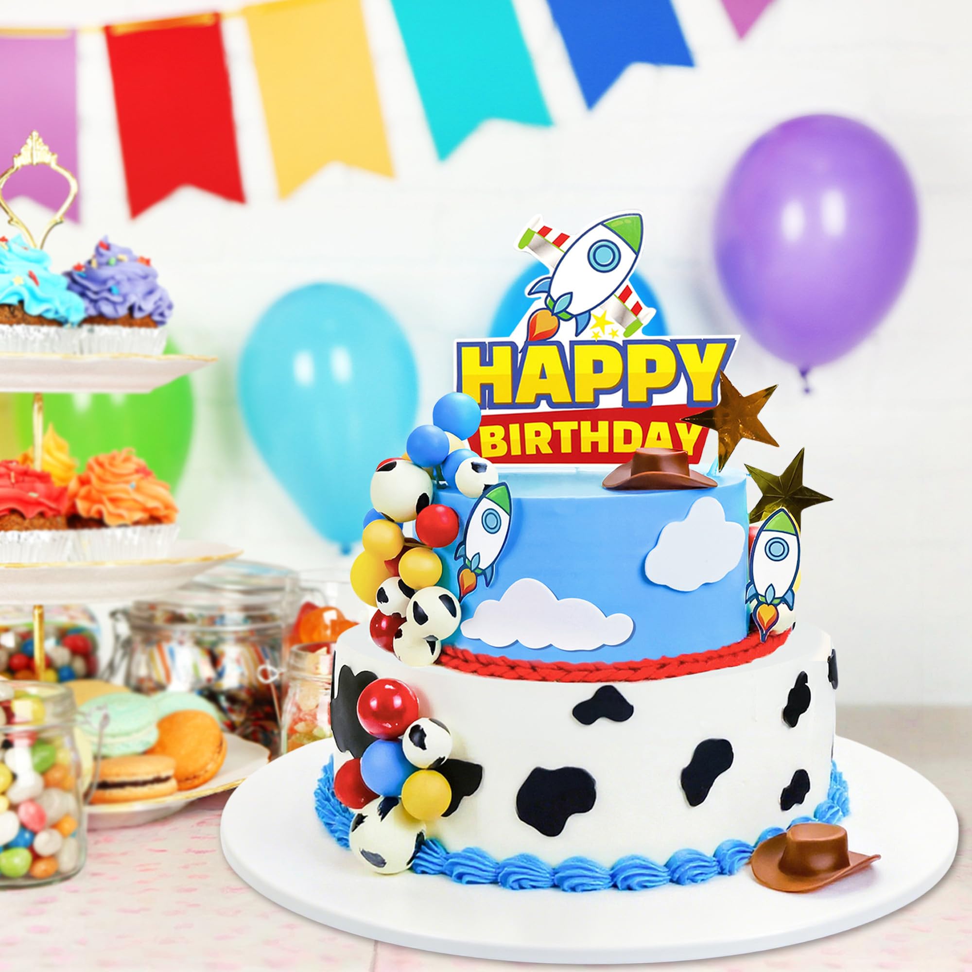 GLURUITE 57-Piece Cartoon Story Birthday Cake Toppers Set - Rocket, Cloud, Star, Cow Print Decorations