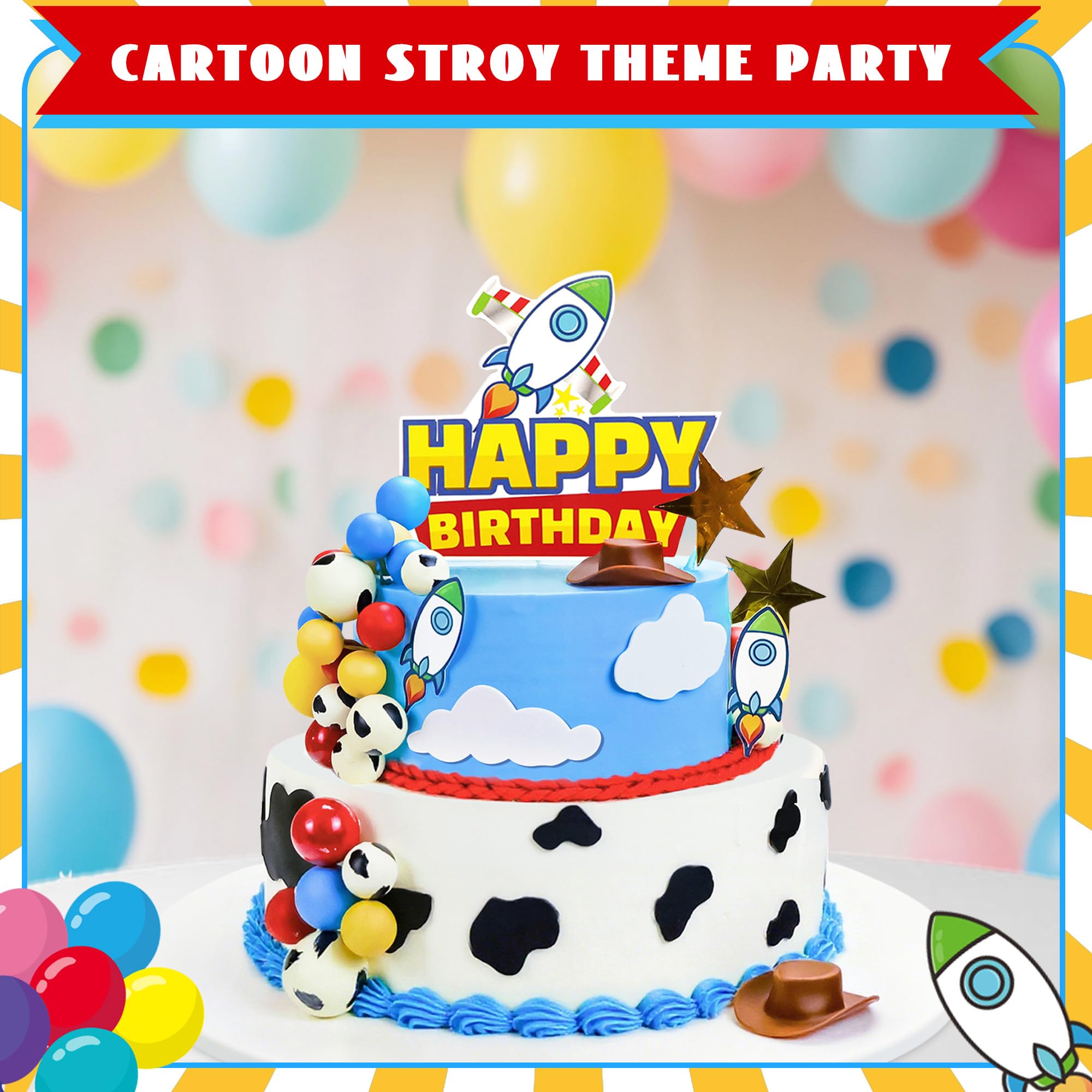 GLURUITE 57-Piece Cartoon Story Birthday Cake Toppers Set - Rocket, Cloud, Star, Cow Print Decorations