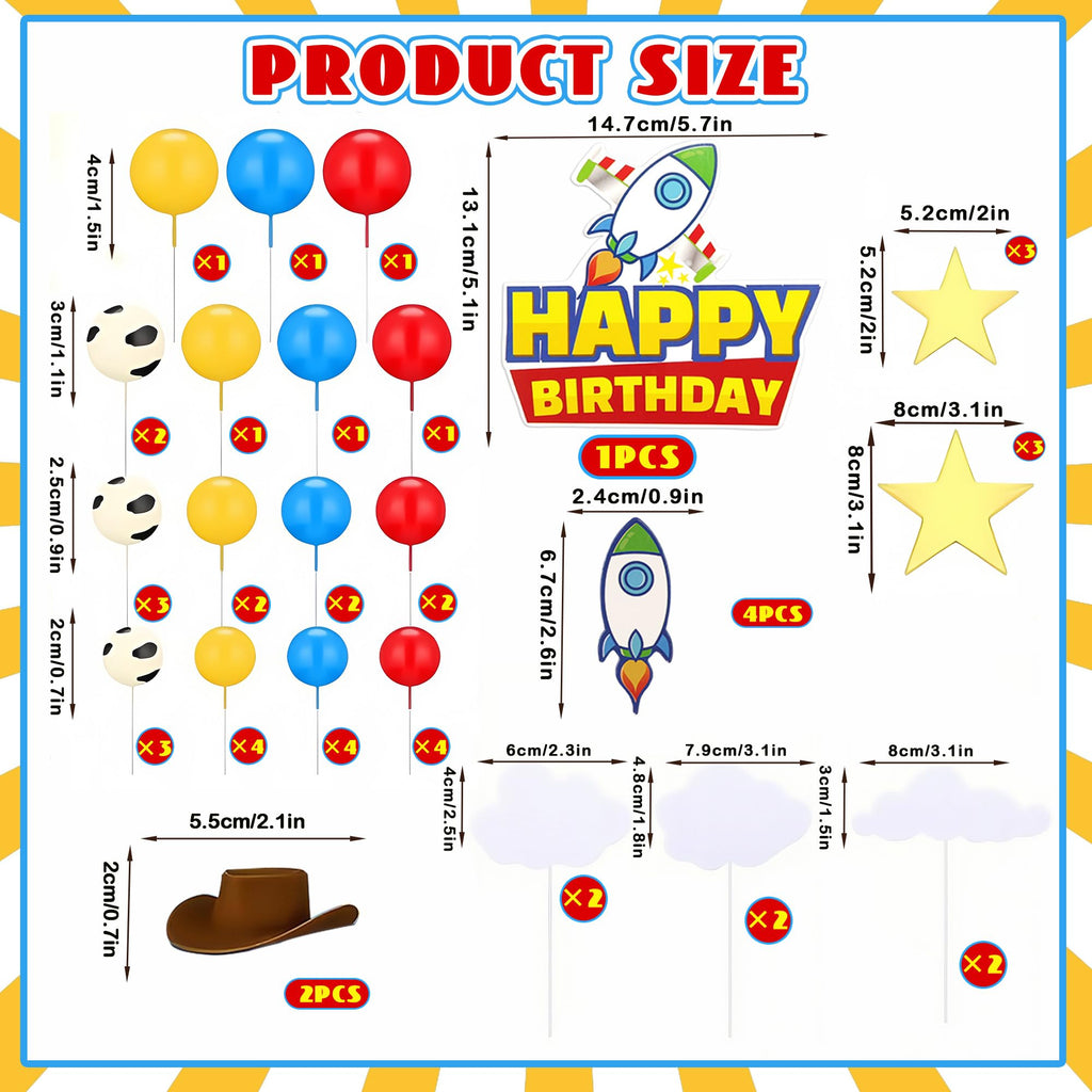 GLURUITE 57-Piece Cartoon Story Birthday Cake Toppers Set - Rocket, Cloud, Star, Cow Print Decorations