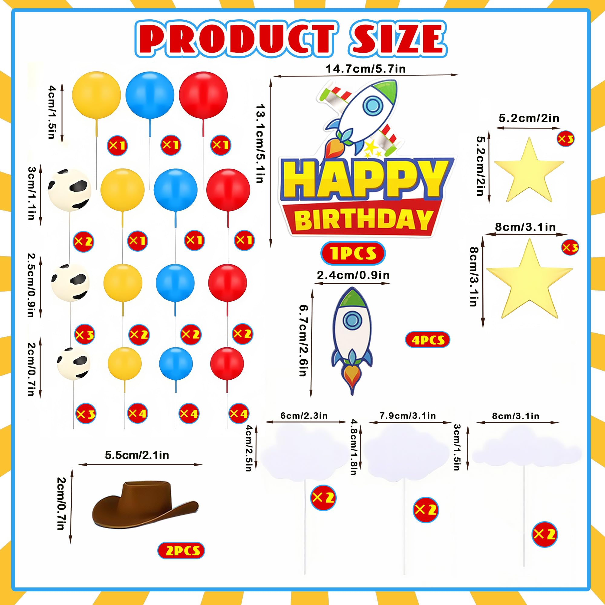 GLURUITE 57-Piece Cartoon Story Birthday Cake Toppers Set - Rocket, Cloud, Star, Cow Print Decorations