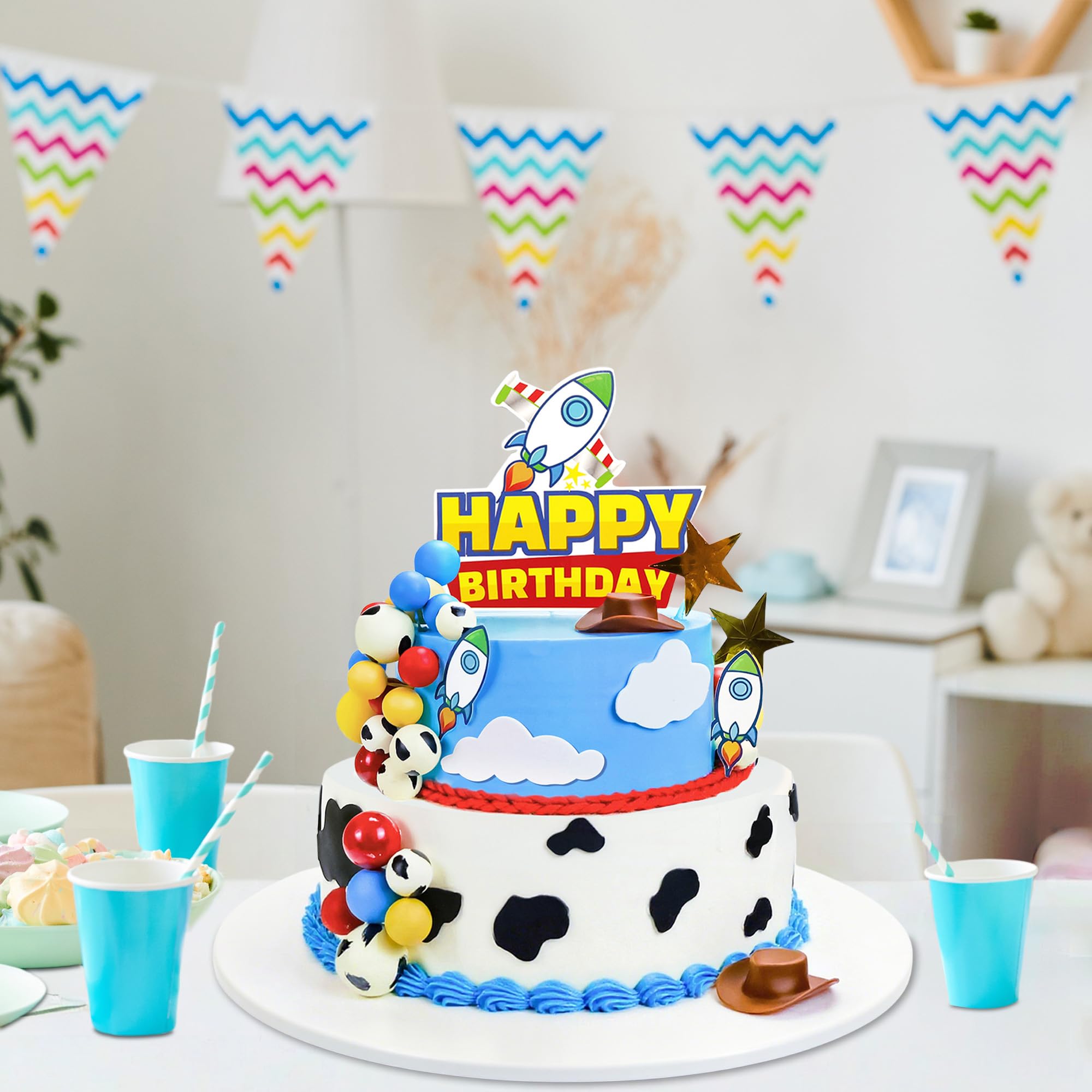 GLURUITE 57-Piece Cartoon Story Birthday Cake Toppers Set - Rocket, Cloud, Star, Cow Print Decorations