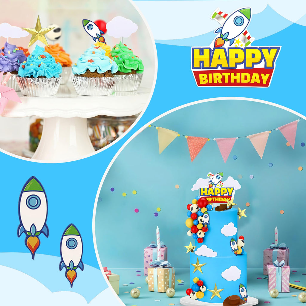 GLURUITE 57-Piece Cartoon Story Birthday Cake Toppers Set - Rocket, Cloud, Star, Cow Print Decorations