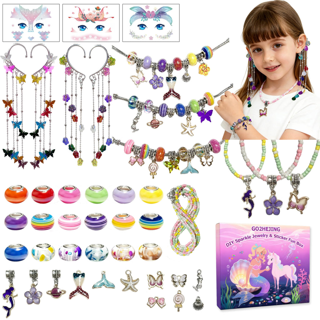 GO2HEJING 278-Piece Ocean Charm Bracelet Making Kit for Girls 8-12 – Includes Necklace, Ear Cuff, Temporary Tattoos, and Mermaid Craft Supplies