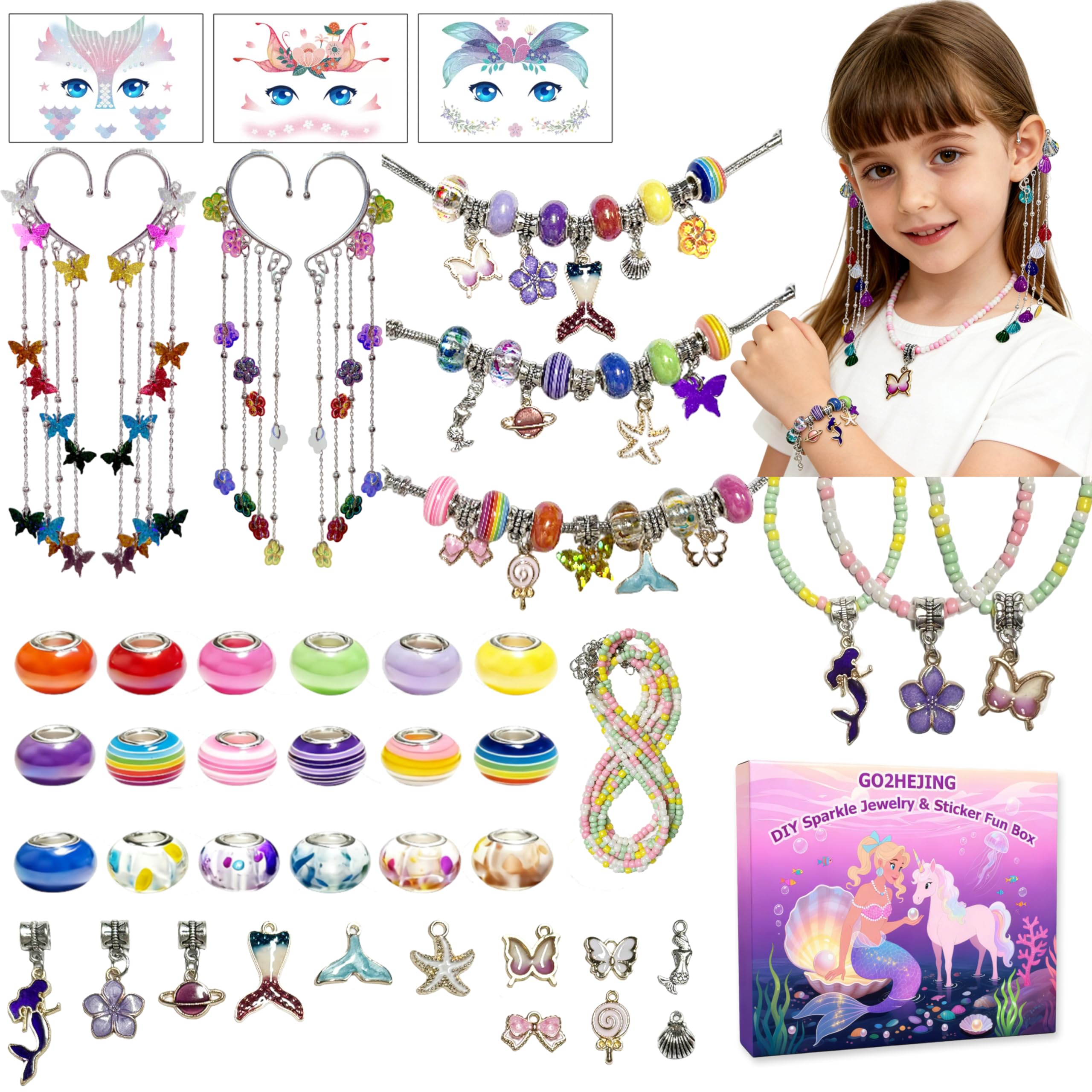 GO2HEJING 278-Piece Ocean Charm Bracelet Making Kit for Girls 8-12 – Includes Necklace, Ear Cuff, Temporary Tattoos, and Mermaid Craft Supplies