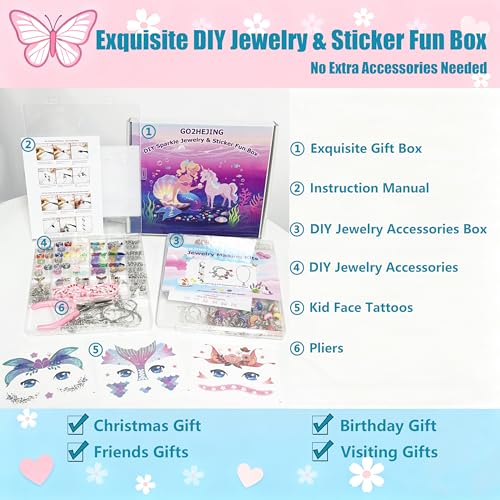 GO2HEJING 278-Piece Ocean Charm Bracelet Making Kit for Girls 8-12 – Includes Necklace, Ear Cuff, Temporary Tattoos, and Mermaid Craft Supplies
