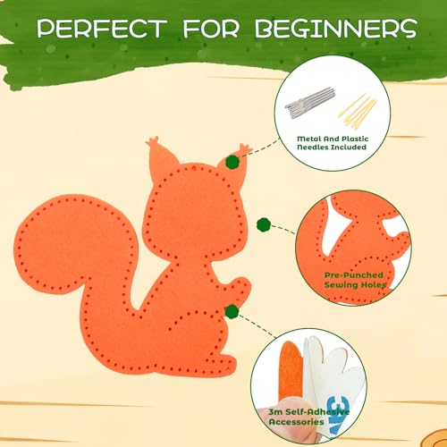 GOASION Woodland Animal Sewing Kit for Kids – Pre-Punched Felt Crafts, Beginner Sewing Set for Ages 8-12, DIY Backpack Charms and Ornaments