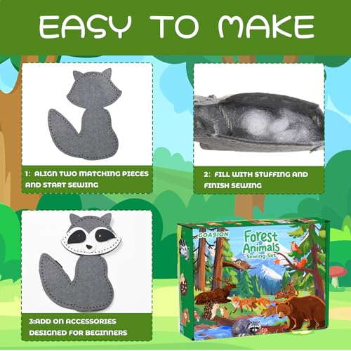 GOASION Woodland Animal Sewing Kit for Kids – Pre-Punched Felt Crafts, Beginner Sewing Set for Ages 8-12, DIY Backpack Charms and Ornaments