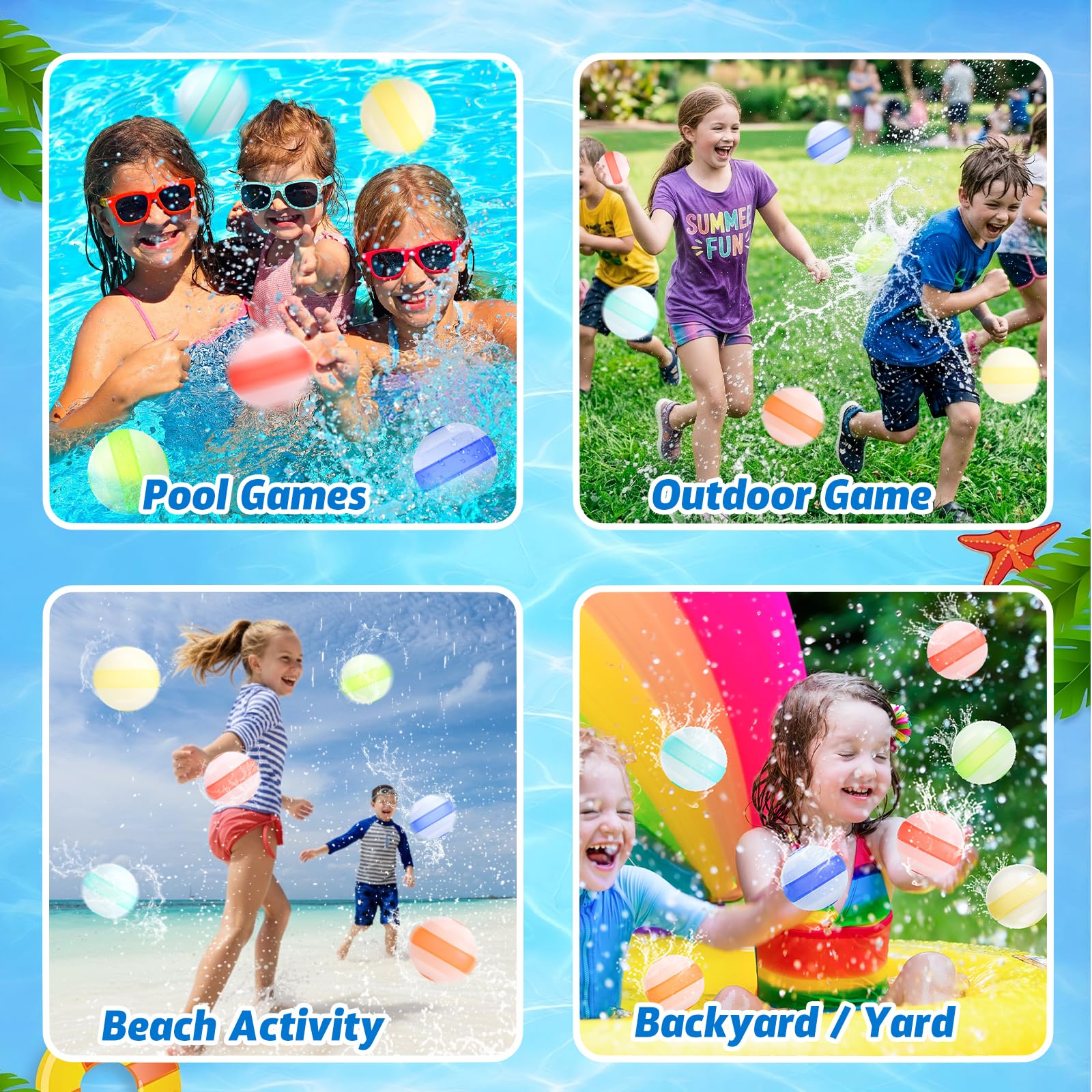 GoBene 6-Pack Reusable Water Balloons – Self-Sealing Silicone, Non-Magnetic, Quick Fill, Pool & Beach Toys for Kids Ages 3-12