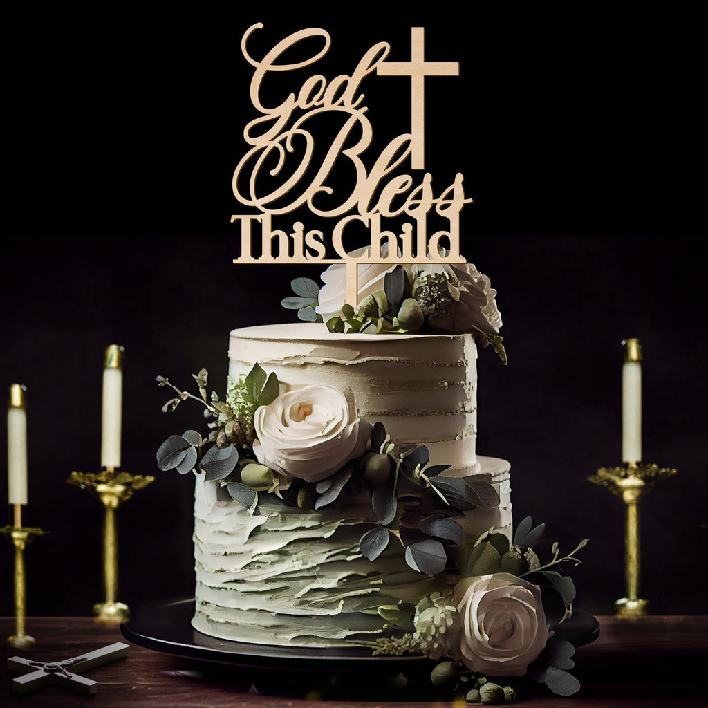 God Bless This Child Baptism Cake Topper – Wooden Design 002 by Party to Be