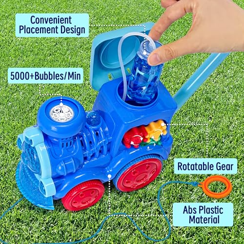 Goenb Bubble Music Train Mower with Lights and 20 Refills - Indoor/Outdoor Push Bubble Blower for Kids