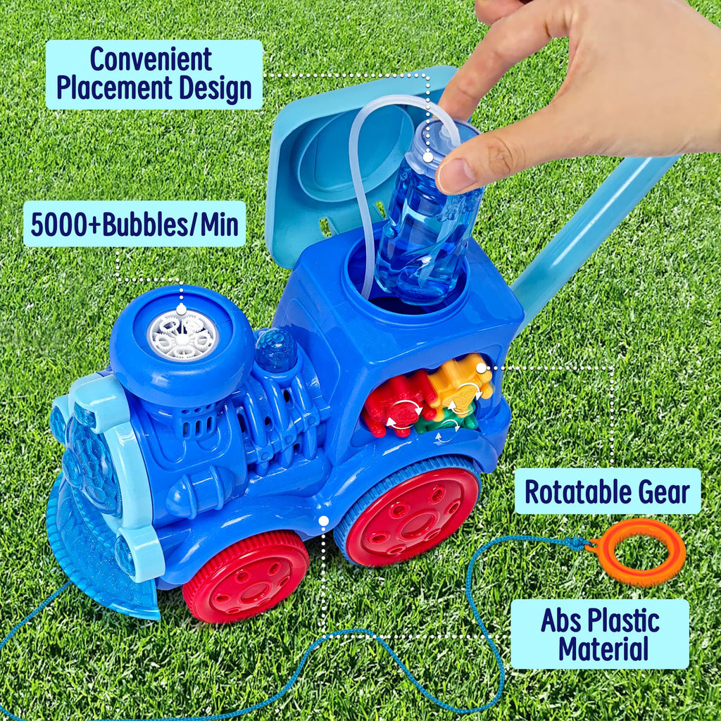 Goenb Bubble Music Train Mower with Lights and 20 Refills - Indoor/Outdoor Push Bubble Blower for Kids