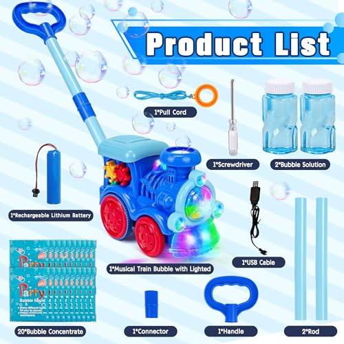 Goenb Bubble Music Train Mower with Lights and 20 Refills - Indoor/Outdoor Push Bubble Blower for Kids