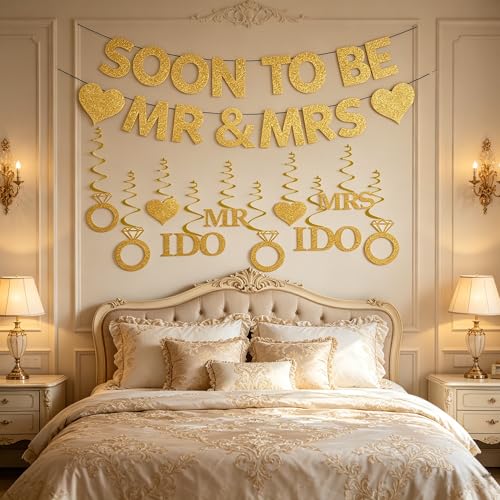 GOGCIAO Mr & Mrs Engagement Banner with Diamond Ring Swirls – 8.2ft Pre-Assembled Gold Decor