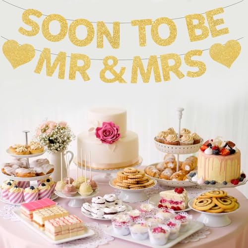 GOGCIAO Mr & Mrs Engagement Banner with Diamond Ring Swirls – 8.2ft Pre-Assembled Gold Decor