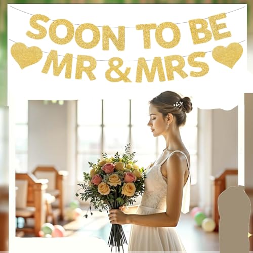 GOGCIAO Mr & Mrs Engagement Banner with Diamond Ring Swirls – 8.2ft Pre-Assembled Gold Decor