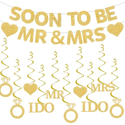 GOGCIAO Mr & Mrs Engagement Banner with Diamond Ring Swirls – 8.2ft Pre-Assembled Gold Decor