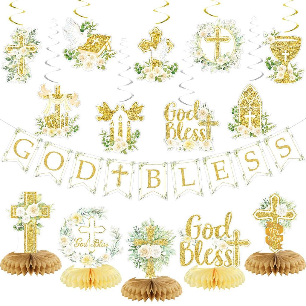 Gold Baptism Party Decorations Set – Glitter Banner, Swirls & Honeycomb Centerpieces by LANGASQUE