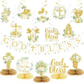 Gold Baptism Party Decorations Set – Glitter Banner, Swirls & Honeycomb Centerpieces by LANGASQUE