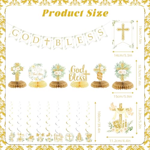 Gold Baptism Party Decorations Set – Glitter Banner, Swirls & Honeycomb Centerpieces by LANGASQUE