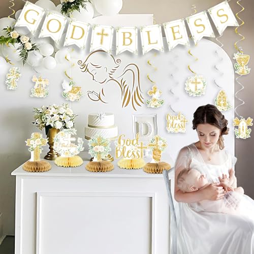 Gold Baptism Party Decorations Set – Glitter Banner, Swirls & Honeycomb Centerpieces by LANGASQUE