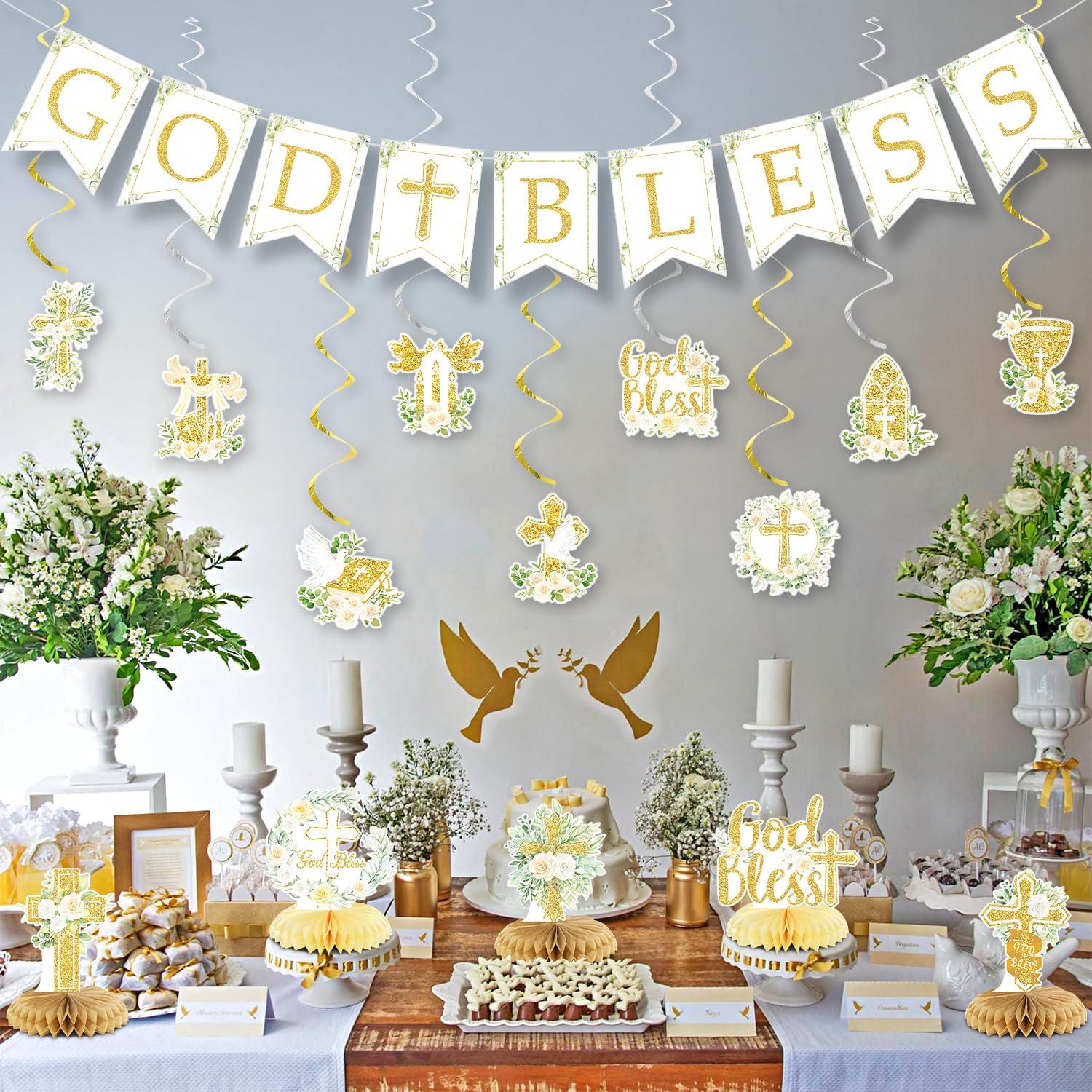 Gold Baptism Party Decorations Set – Glitter Banner, Swirls & Honeycomb Centerpieces by LANGASQUE