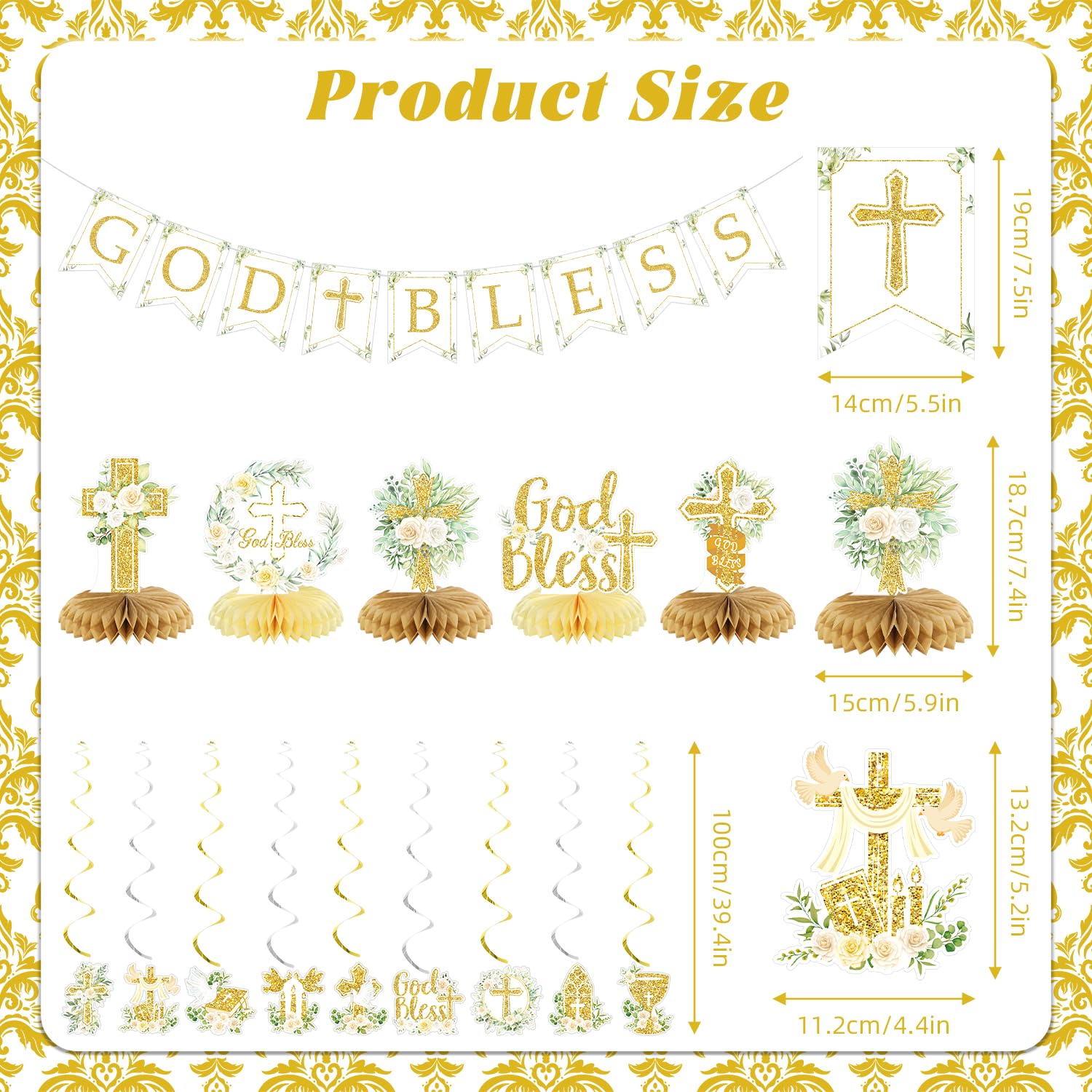 Gold Baptism Party Decorations Set – Glitter Banner, Swirls & Honeycomb Centerpieces by LANGASQUE