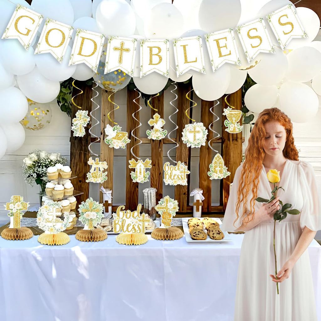 Gold Baptism Party Decorations Set – Glitter Banner, Swirls & Honeycomb Centerpieces by LANGASQUE