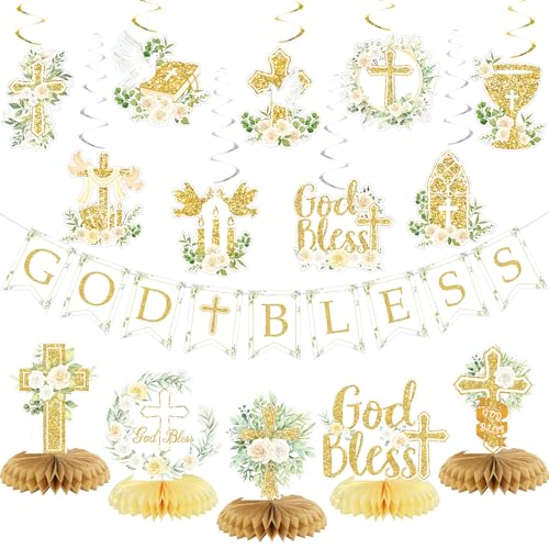 Gold Baptism Party Decorations Set – Glitter Banner, Swirls & Honeycomb Centerpieces by LANGASQUE
