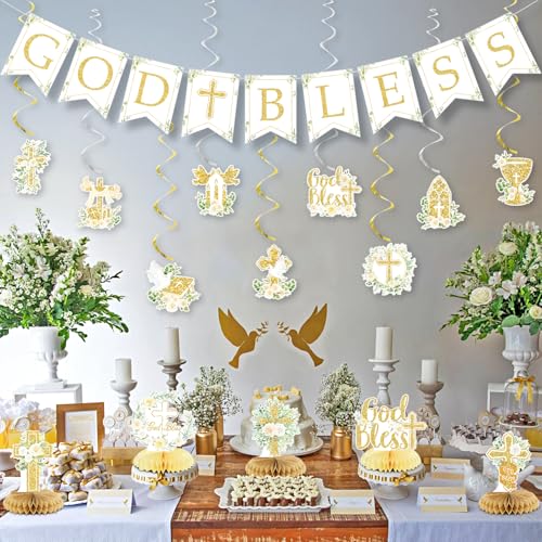 Gold Baptism Party Decorations Set – Glitter Banner, Swirls & Honeycomb Centerpieces by LANGASQUE