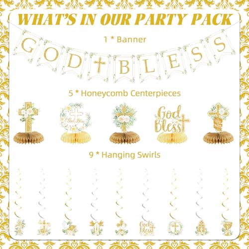 Gold Baptism Party Decorations Set – Glitter Banner, Swirls & Honeycomb Centerpieces by LANGASQUE