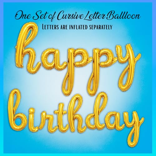 Gold Cursive Happy Birthday Balloon Banner - Foil Mylar Letter Balloons Party Decoration by Gala Supplies