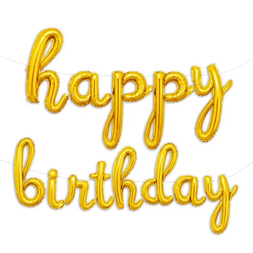Gold Cursive Happy Birthday Balloon Banner - Foil Mylar Letter Balloons Party Decoration by Gala Supplies