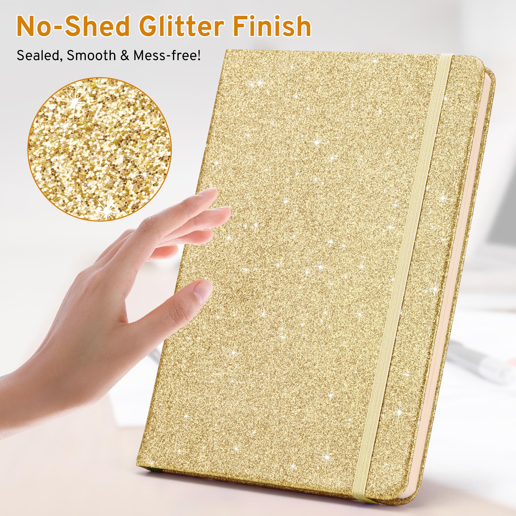 Gold Glitter Notebook A5 – No-Shed Sparkle Journal with 200 Lined Pages, Hardcover Diary for Girls Teens Women