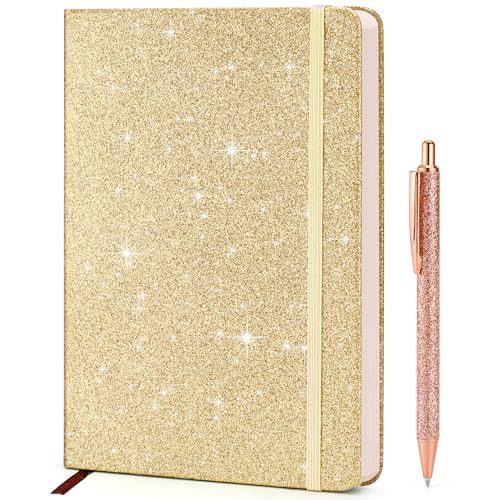 Gold Glitter Notebook A5 – No-Shed Sparkle Journal with 200 Lined Pages, Hardcover Diary for Girls Teens Women