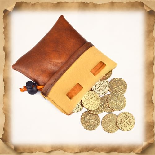 Gold Metal Pirate Coins Set - 40 Zinc Alloy Treasure Coins with Leather Pouch, 28mm Diameter, for Board Games, Party Decor, and Metal Detecting Hunts by ZWGParty