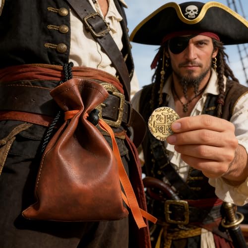 Gold Metal Pirate Coins Set - 40 Zinc Alloy Treasure Coins with Leather Pouch, 28mm Diameter, for Board Games, Party Decor, and Metal Detecting Hunts by ZWGParty