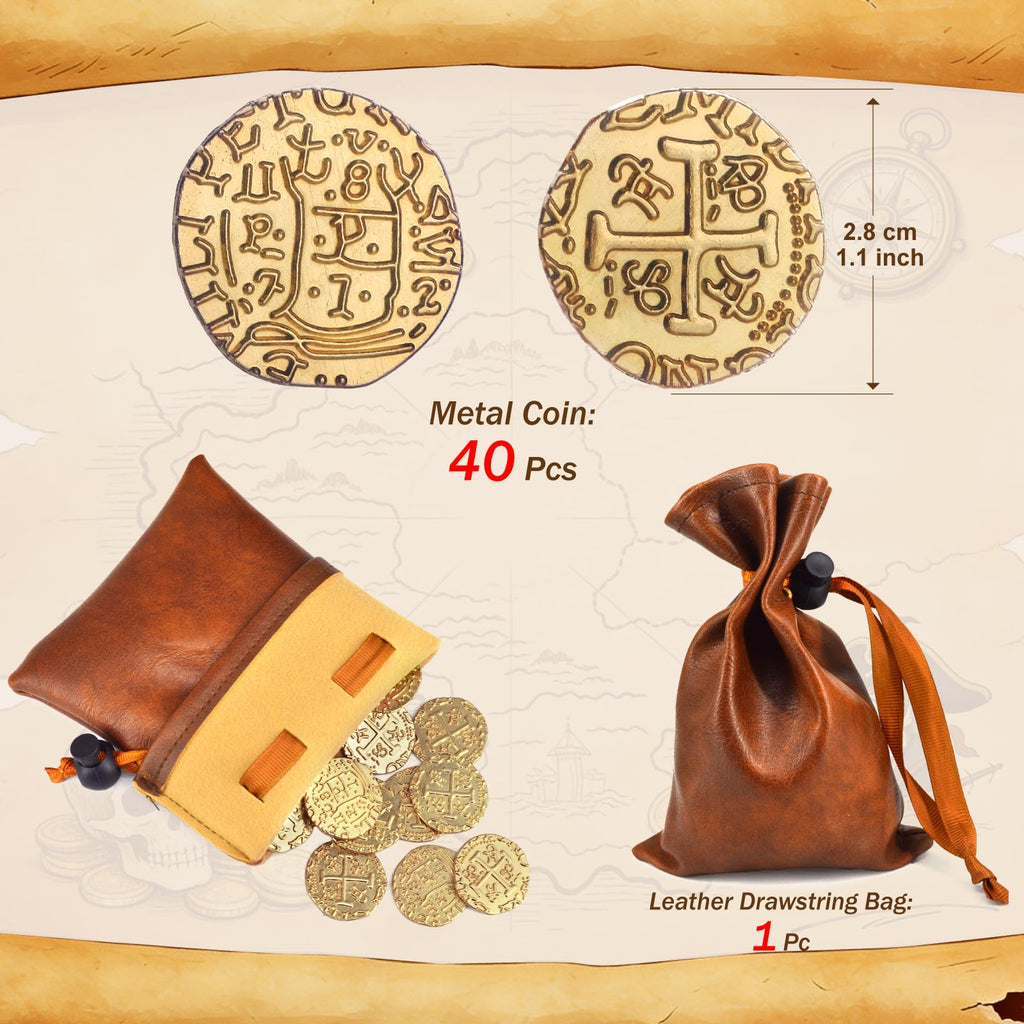 Gold Metal Pirate Coins Set - 40 Zinc Alloy Treasure Coins with Leather Pouch, 28mm Diameter, for Board Games, Party Decor, and Metal Detecting Hunts by ZWGParty