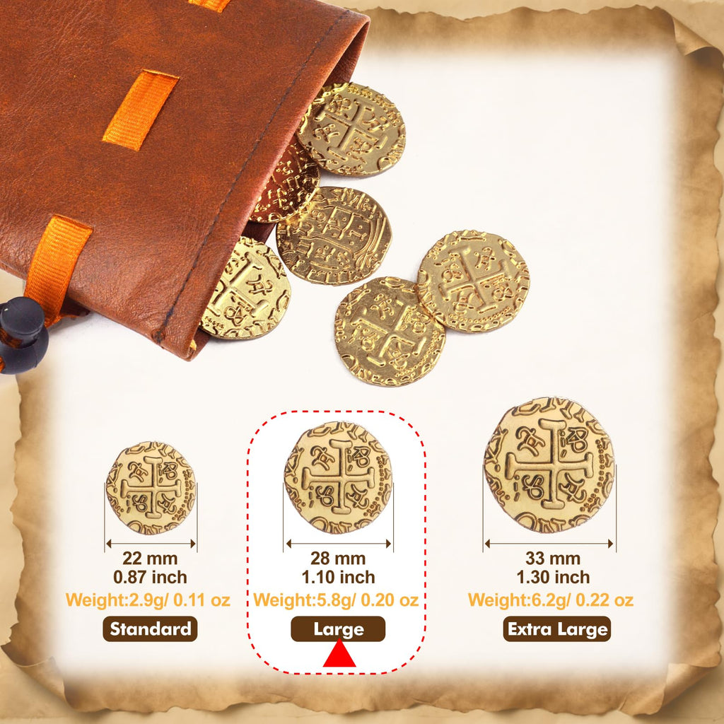 Gold Metal Pirate Coins Set - 40 Zinc Alloy Treasure Coins with Leather Pouch, 28mm Diameter, for Board Games, Party Decor, and Metal Detecting Hunts by ZWGParty