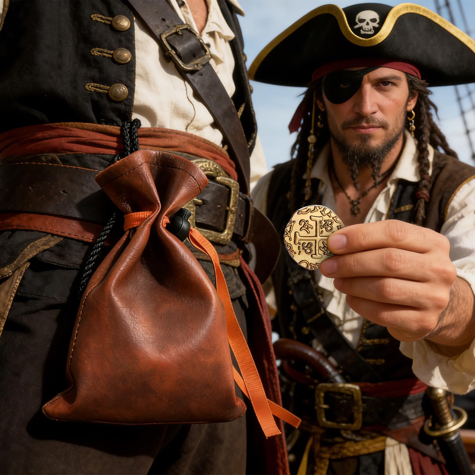 Gold Metal Pirate Coins Set - 40 Zinc Alloy Treasure Coins with Leather Pouch, 28mm Diameter, for Board Games, Party Decor, and Metal Detecting Hunts by ZWGParty
