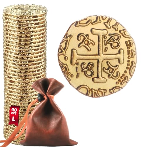Gold Metal Pirate Coins Set - 40 Zinc Alloy Treasure Coins with Leather Pouch, 28mm Diameter, for Board Games, Party Decor, and Metal Detecting Hunts by ZWGParty