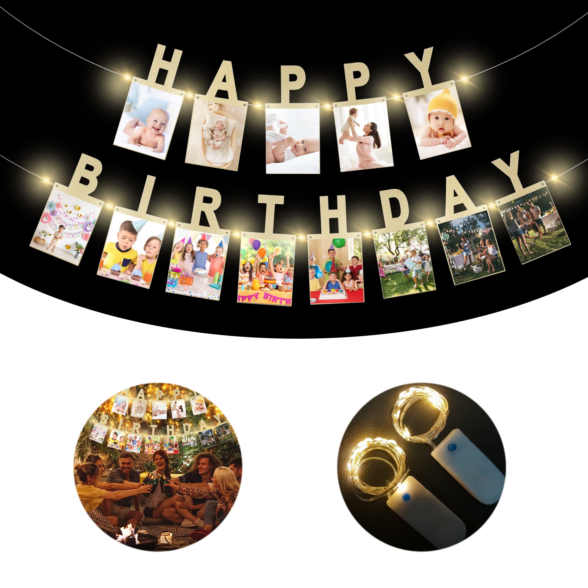 Gold Photo Banner with 2 Strings of Fairy Lights for Birthday Parties – 13 Letter Banners from AVlovasd
