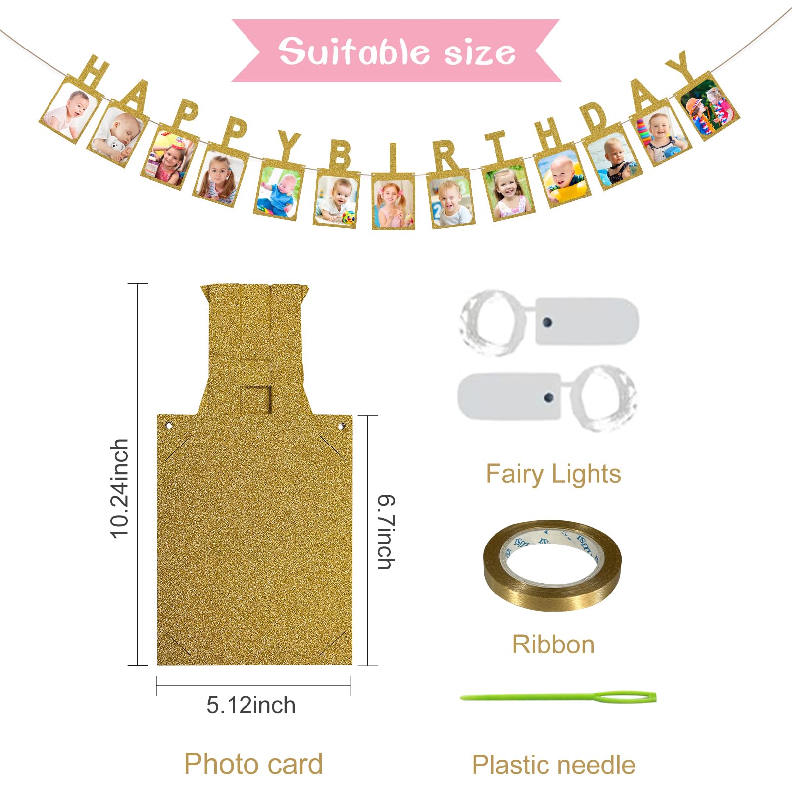 Gold Photo Banner with 2 Strings of Fairy Lights for Birthday Parties – 13 Letter Banners from AVlovasd